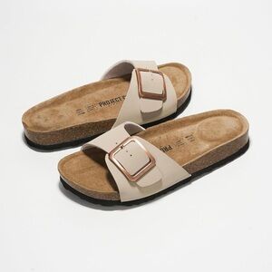 Beige Buckle Leather Sandals